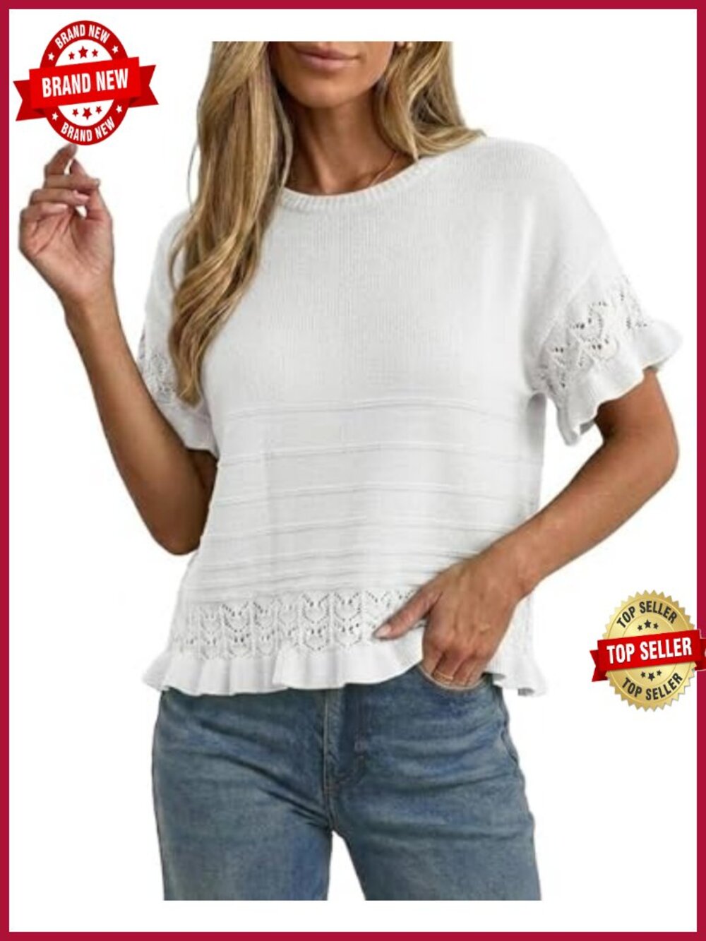 Crochet Ruffle Short Sleeve Peplum Pullover Sweater Summer Casual Lightweight